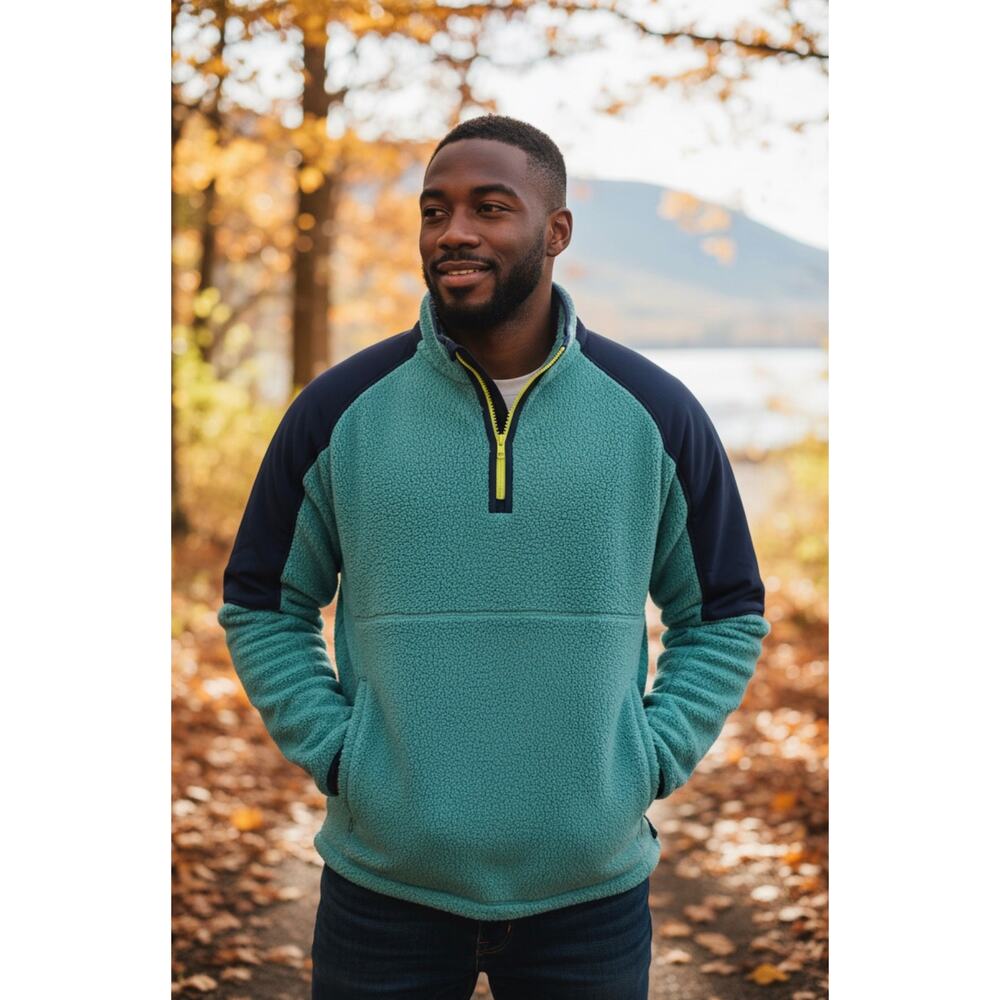 Outerknown Skyline‎ Half-Zip Popover Sherpa Sweater Mineral Blue Size Large